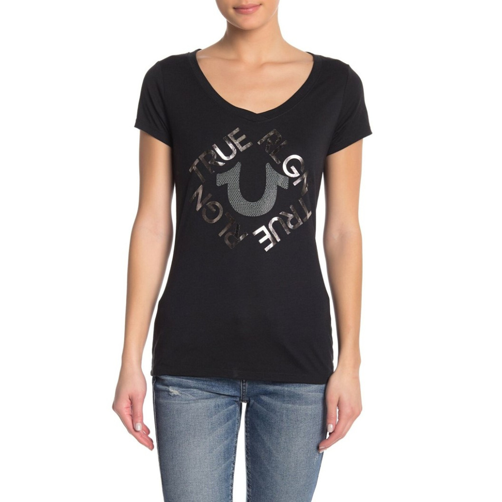 True Religion Women's Crystal Embellished Diamond Logo Round V-Neck Tee T-Shirt